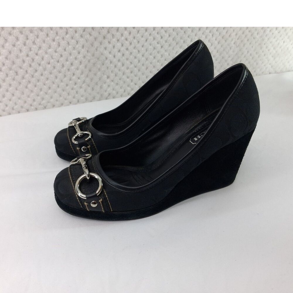 Coach Issy Signature Jacquard Black Suede Wedge Pumps Women's 7.5M